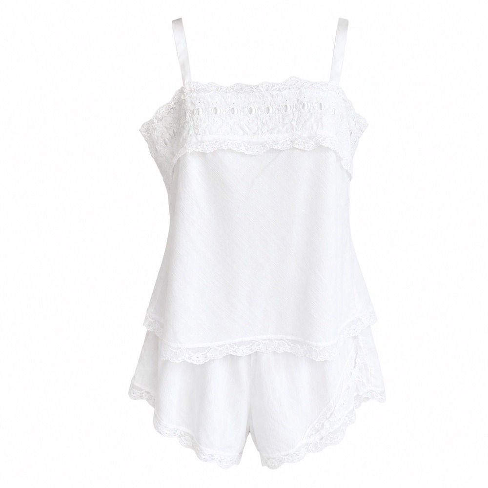 Vintage 80s Linda Montreal White Lace Cotton Pajama Set Camisole Tap Shorts M